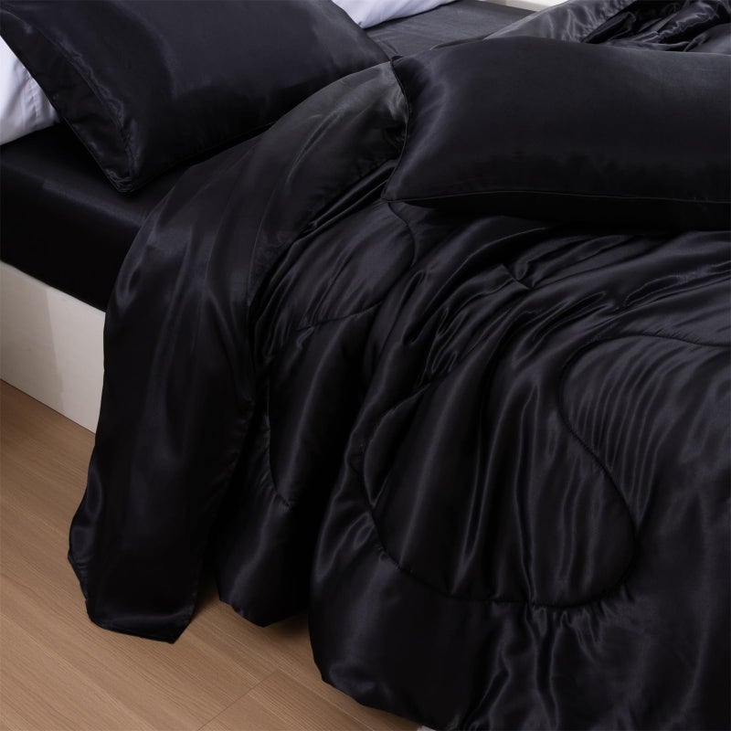 A Nice Night Satin Silky Soft Quilt Luxury Super Soft Microfiber Bedding Comforter Set, Light Weighted (Black, Twin) - Image 5